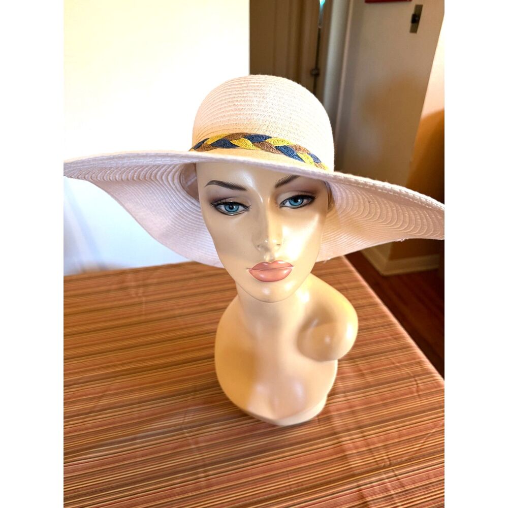 White Extra Wide Brim Floppy Hat Multicolor Hat Band 23" Medium